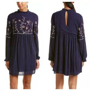 Parker Sadie Floral Embroidered Long Sleeve Shift Mini Dress S Navy Blue